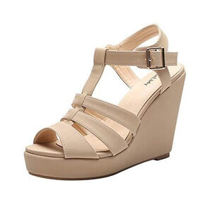 Mila Lady Ankle Strappy Open Toe Platform Wedges Heel‎ 9 BEIGE